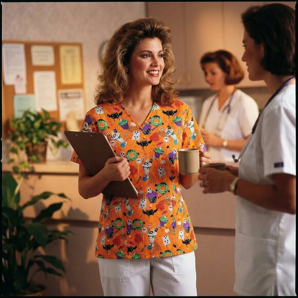 Scrubstar Tops - Scrubstar Women’s L Halloween Scrub Top Orange Ghost Bat Pumpkin Print 2 Pockets